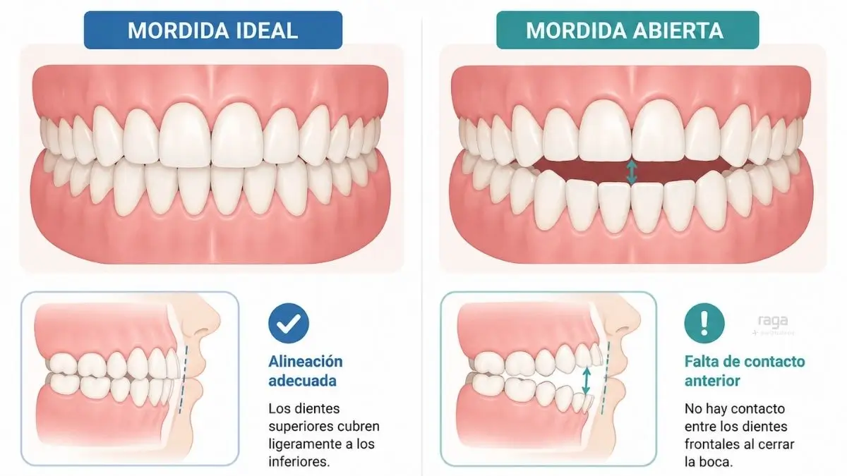 Infografía de mordida abierta y mordida ideal