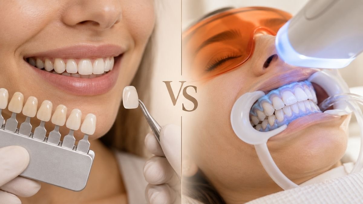 Comparación entre blanqueamiento dental y carillas para mejorar la sonrisa.